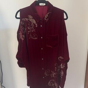 Velvet Button-Up Tunic with Gold Embroidery - Burgundy